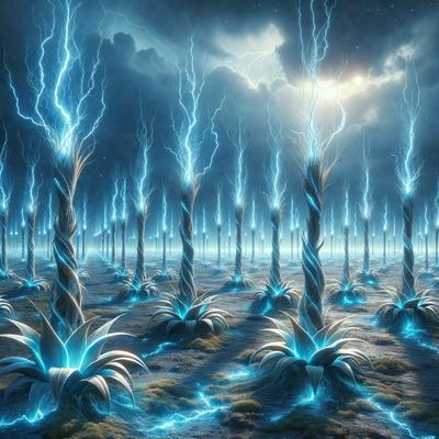 The primary subject of the image is a field of blue lightning bolts, which are scattered throughout the scene. The setting is a cloudy sky, and the visual style appears to be a digital art or illustration. The dominant colors are blue and white, creating a striking and dramatic atmosphere.